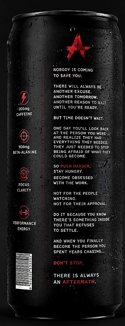 AFTERMATH Zyzz Edition can, back panel with manifesto copy