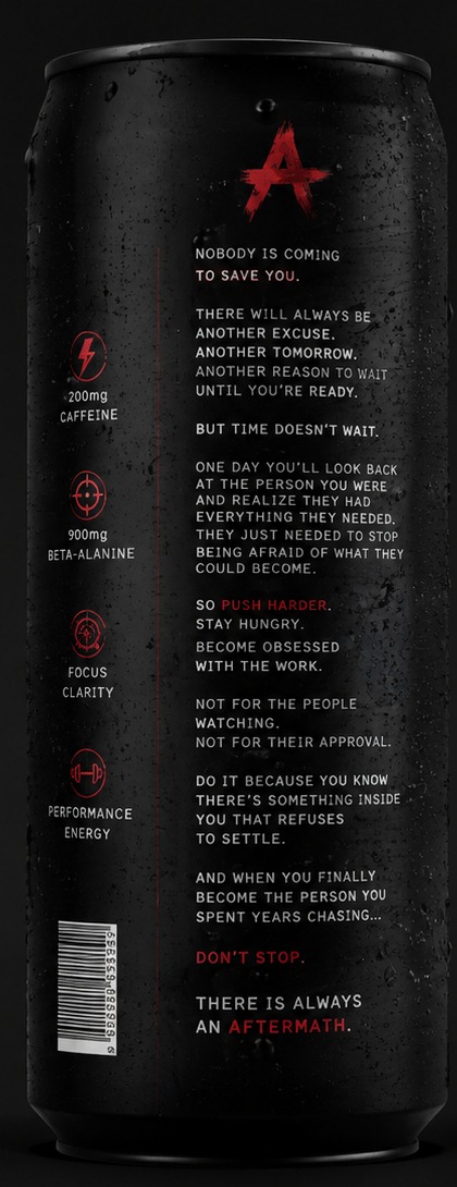 AFTERMATH Zyzz Edition can, back panel with manifesto copy